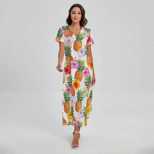 Hawaii Hibiscus Pineapple Pattern Print Short Sleeve Maxi Dress