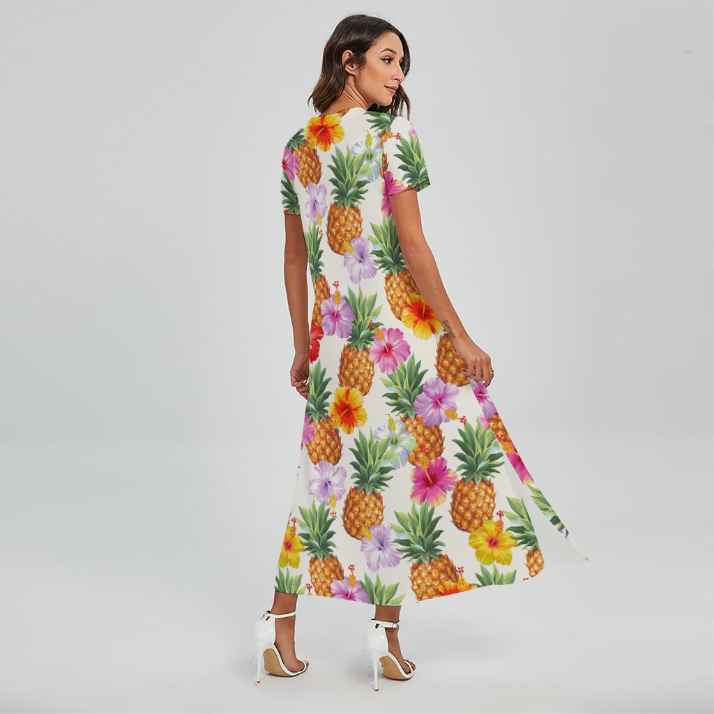 Hawaii Hibiscus Pineapple Pattern Print Short Sleeve Maxi Dress