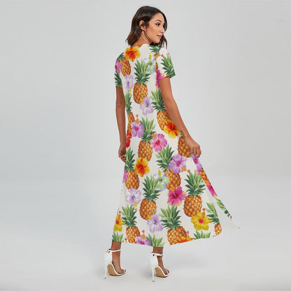 Hawaii Hibiscus Pineapple Pattern Print Short Sleeve Maxi Dress