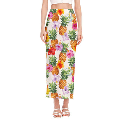 Hawaii Hibiscus Pineapple Pattern Print Side Slit Maxi Skirt