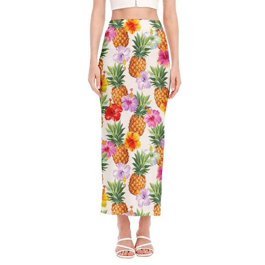 Hawaii Hibiscus Pineapple Pattern Print Side Slit Maxi Skirt