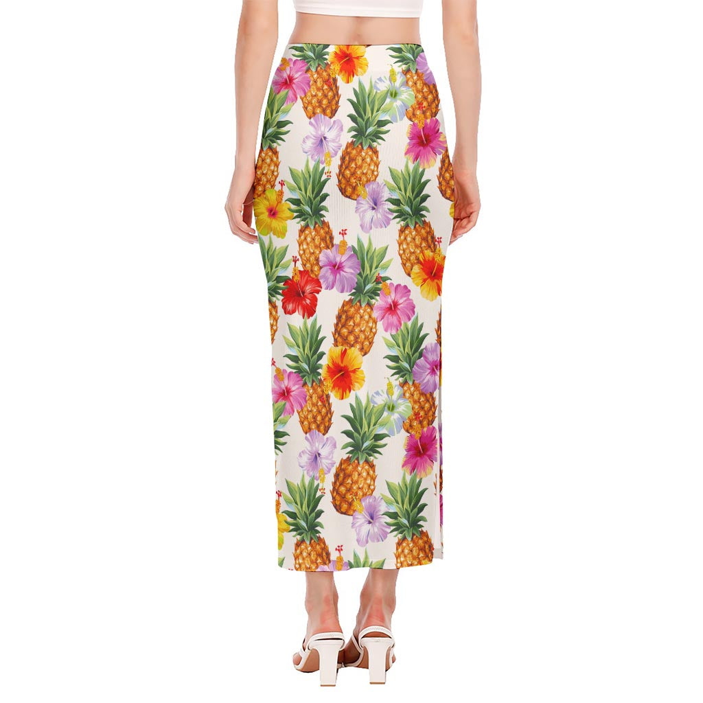 Hawaii Hibiscus Pineapple Pattern Print Side Slit Maxi Skirt