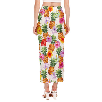Hawaii Hibiscus Pineapple Pattern Print Side Slit Maxi Skirt