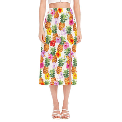 Hawaii Hibiscus Pineapple Pattern Print Side Slit Midi Skirt