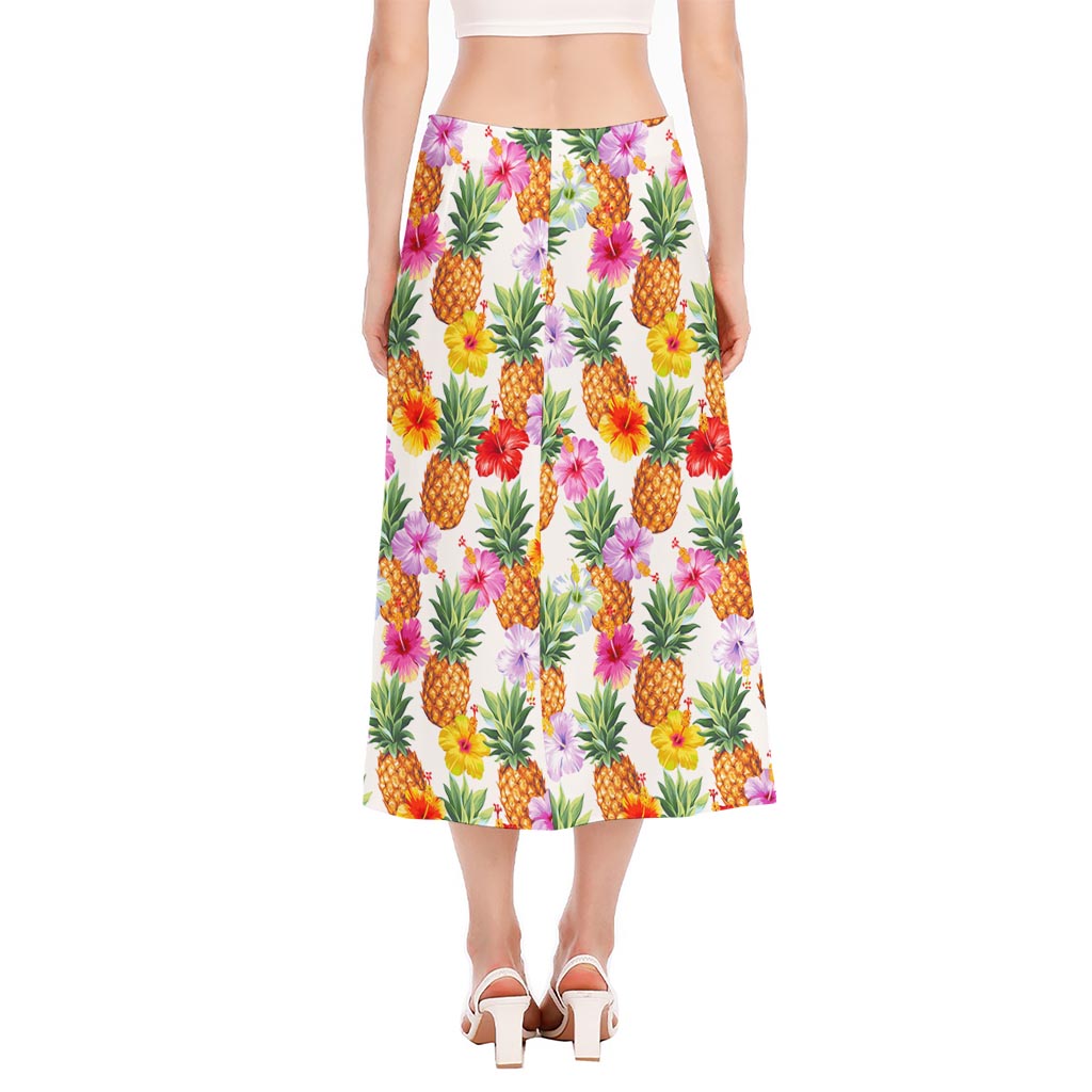 Hawaii Hibiscus Pineapple Pattern Print Side Slit Midi Skirt