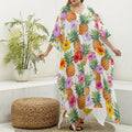 Hawaii Hibiscus Pineapple Pattern Print Silk V-Neck Kaftan Dress