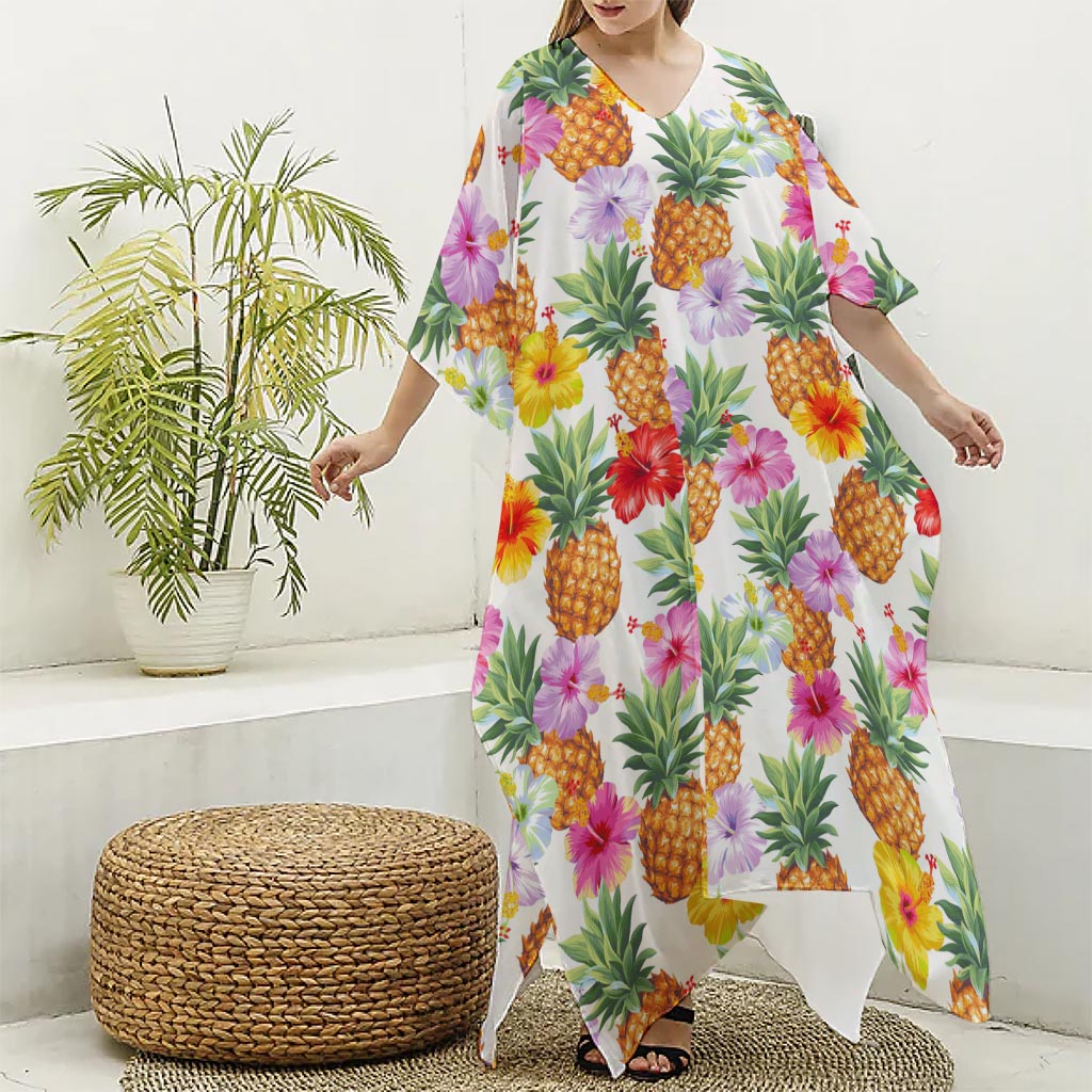 Hawaii Hibiscus Pineapple Pattern Print Silk V-Neck Kaftan Dress