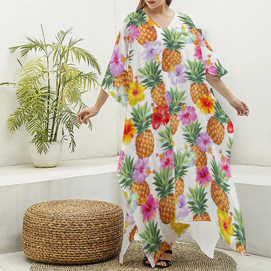 Hawaii Hibiscus Pineapple Pattern Print Silk V-Neck Kaftan Dress