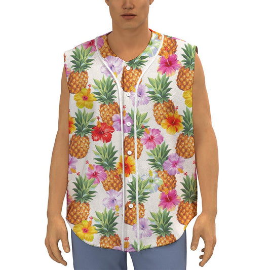 Hawaii Hibiscus Pineapple Pattern Print Sleeveless Baseball Jersey