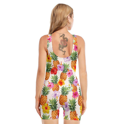 Hawaii Hibiscus Pineapple Pattern Print Sleeveless One Piece Swimsuit