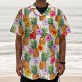 Hawaii Hibiscus Pineapple Pattern Print Textured Short Sleeve Shirt