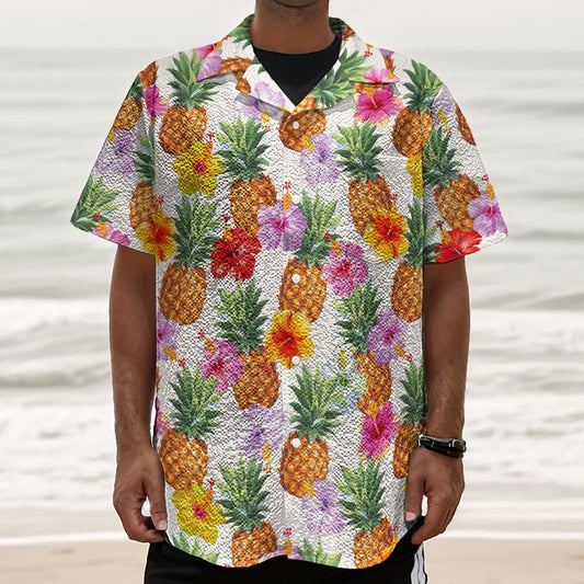 Hawaii Hibiscus Pineapple Pattern Print Textured Short Sleeve Shirt