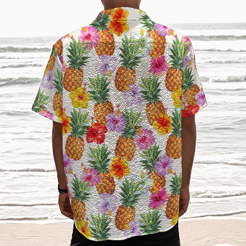 Hawaii Hibiscus Pineapple Pattern Print Textured Short Sleeve Shirt