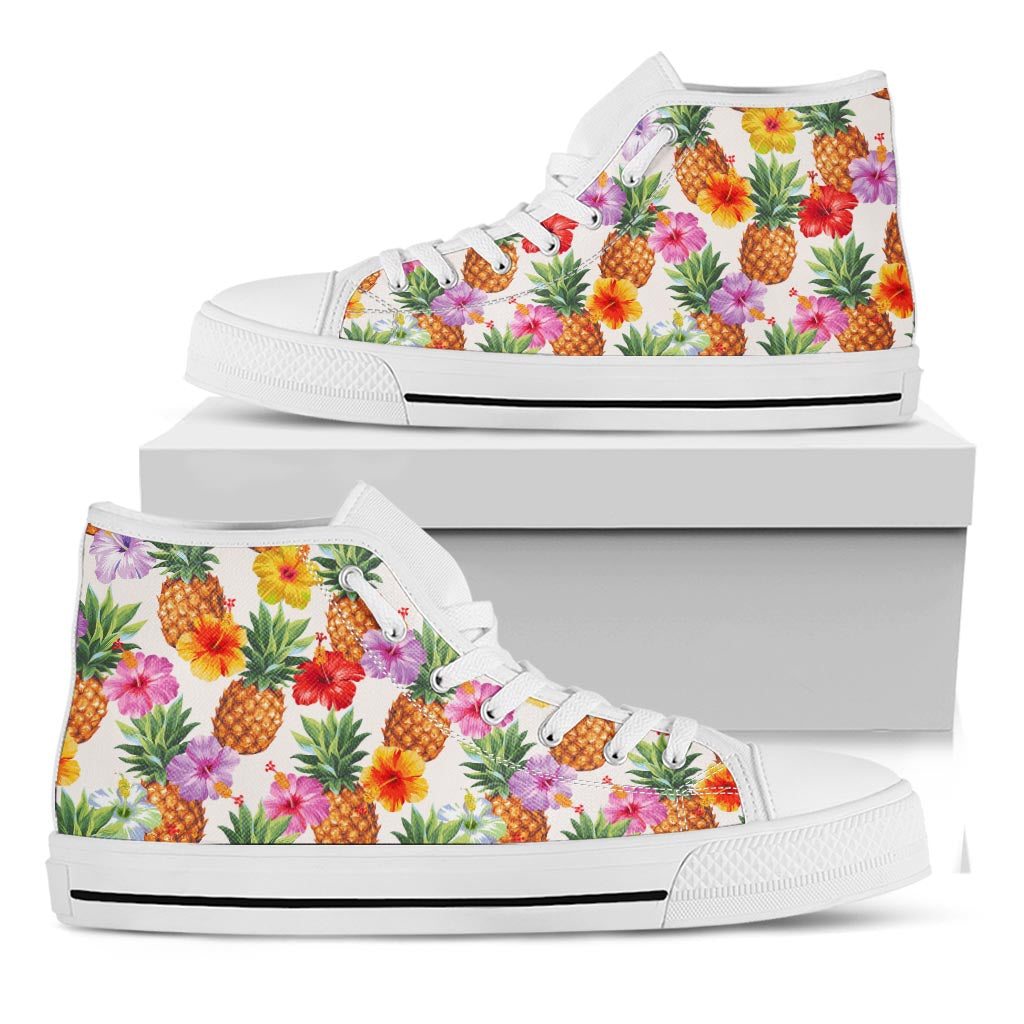 Hawaii Hibiscus Pineapple Pattern Print White High Top Sneakers