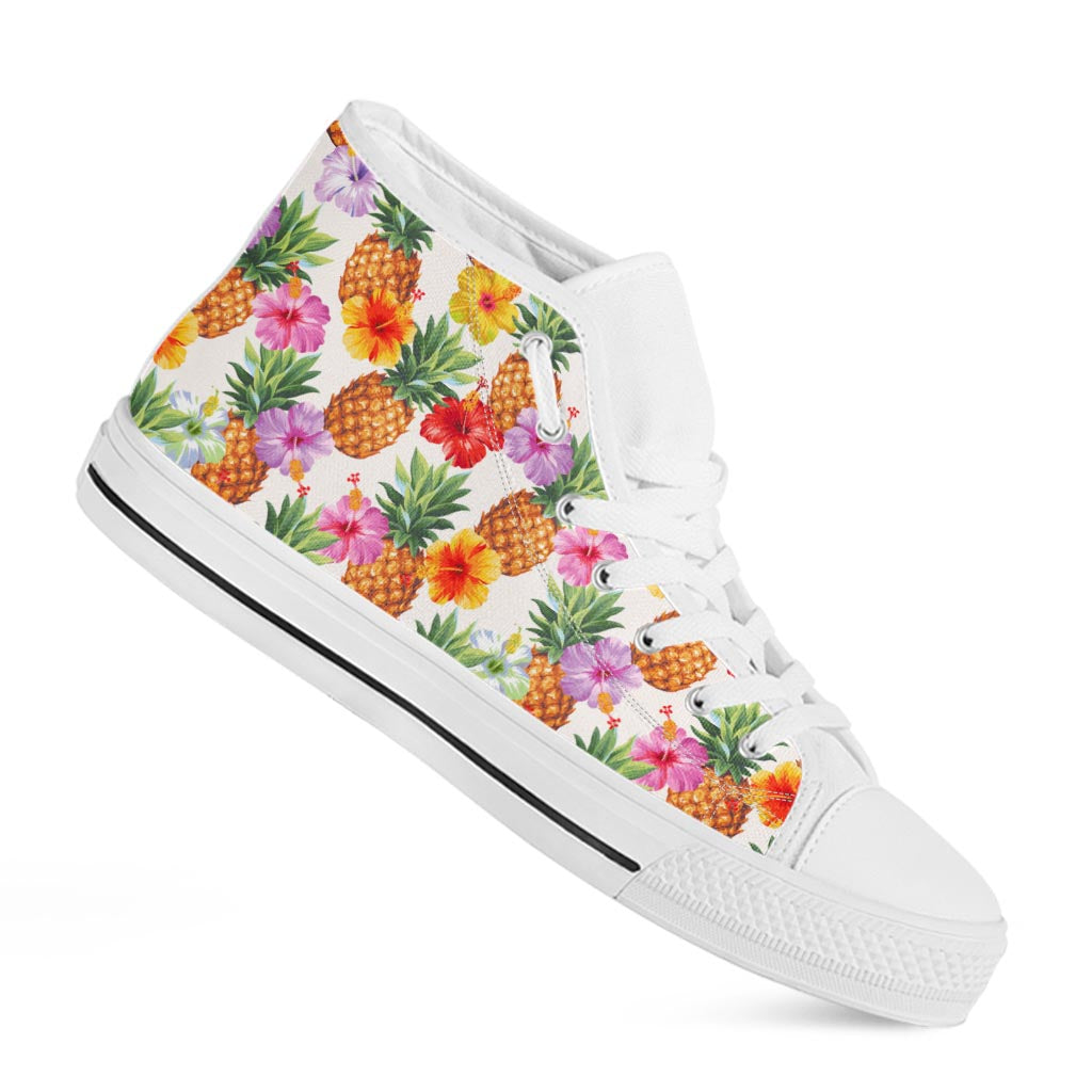 Hawaii Hibiscus Pineapple Pattern Print White High Top Sneakers