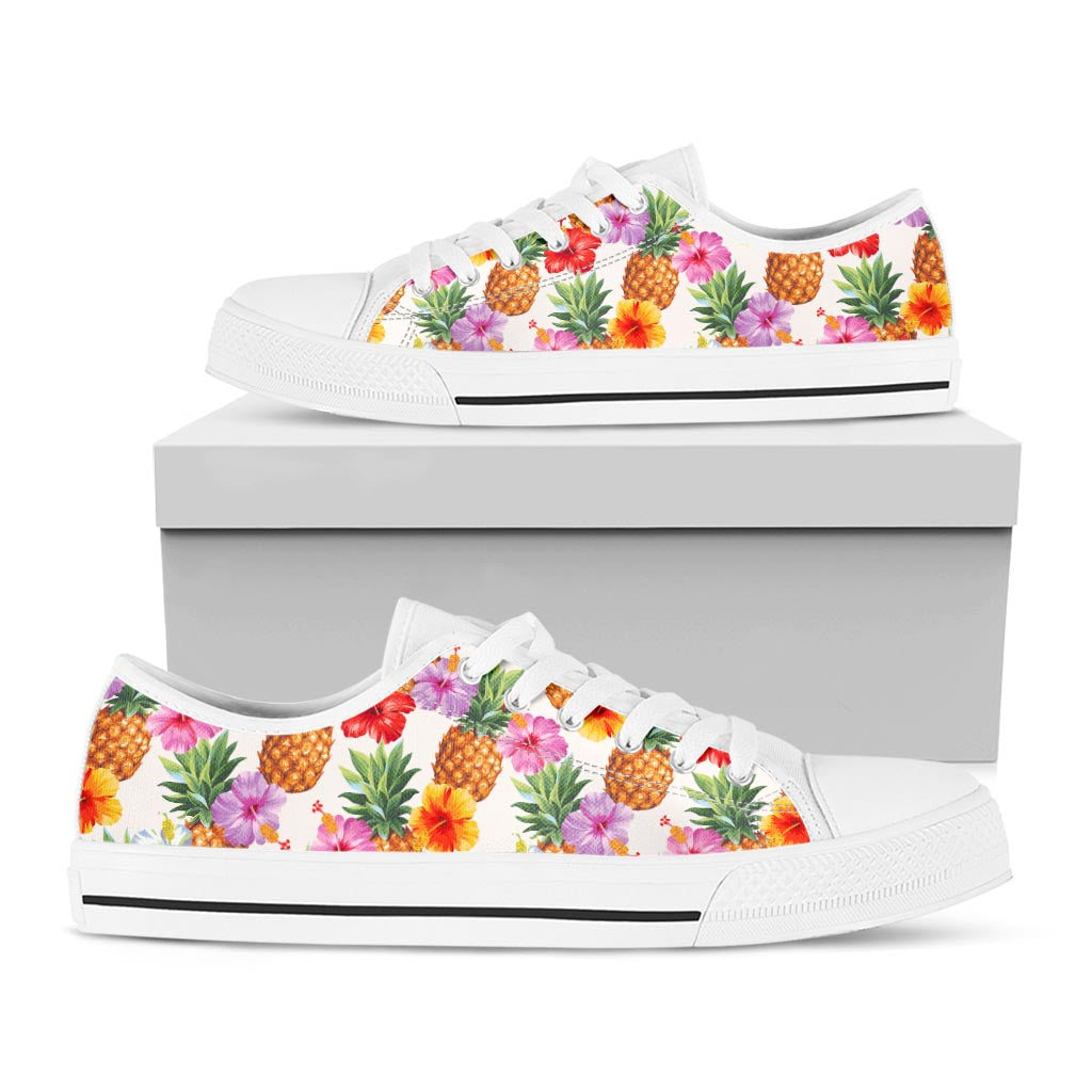 Hawaii Hibiscus Pineapple Pattern Print White Low Top Sneakers