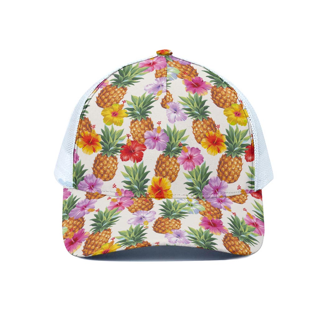 Hawaii Hibiscus Pineapple Pattern Print White Mesh Trucker Cap