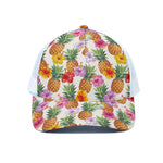 Hawaii Hibiscus Pineapple Pattern Print White Mesh Trucker Cap