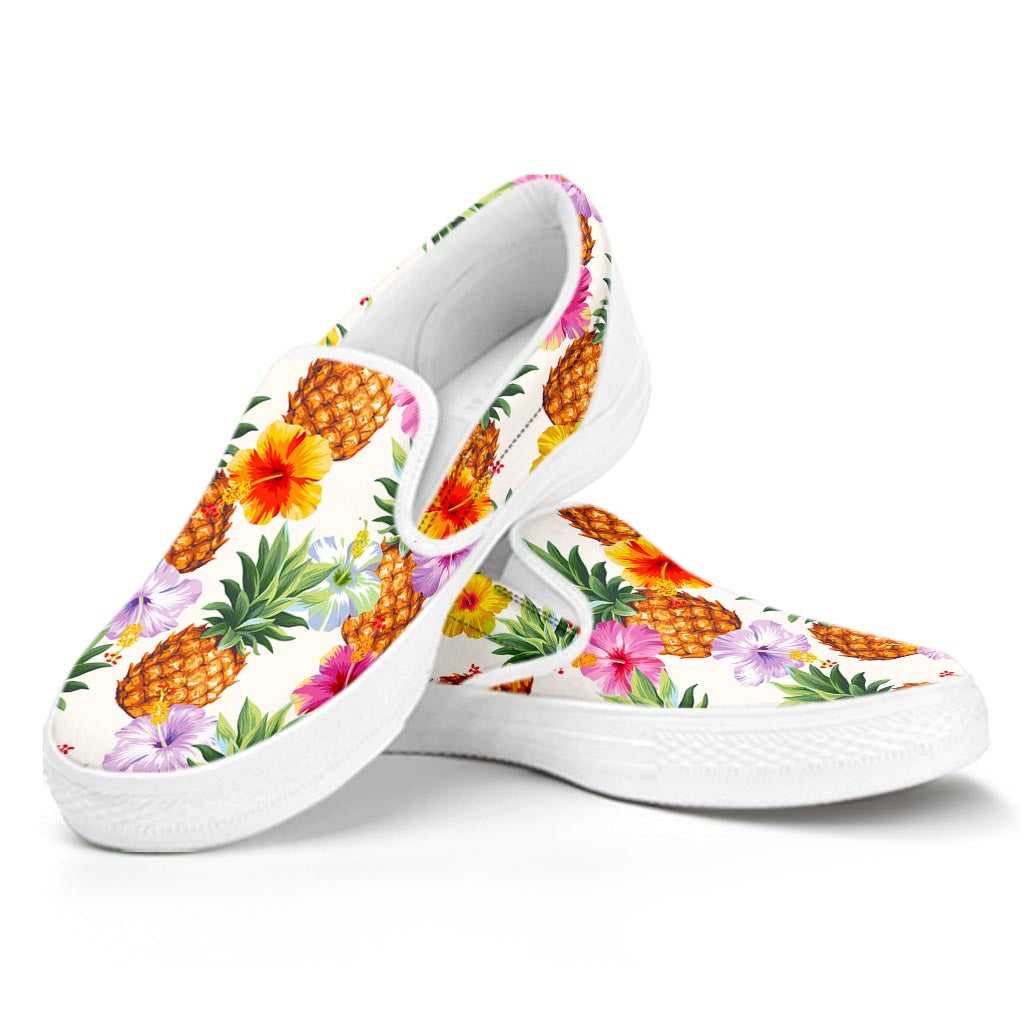 Hawaii Hibiscus Pineapple Pattern Print White Slip On Sneakers