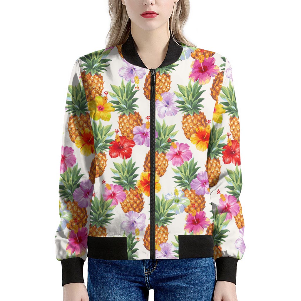 Hawaii Hibiscus Pineapple Pattern Print Women's Bomber Jacket