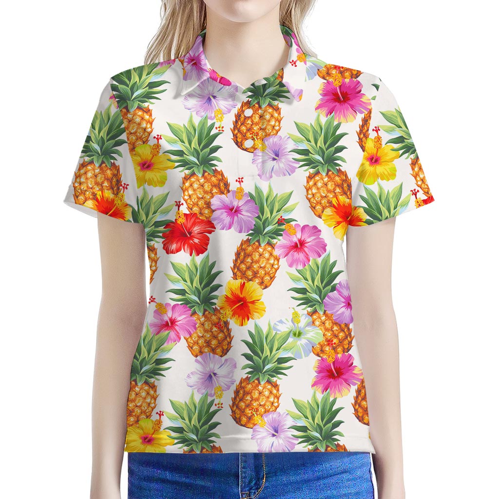 Hawaii Hibiscus Pineapple Pattern Print Women's Polo Shirt