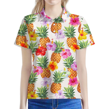Hawaii Hibiscus Pineapple Pattern Print Women's Polo Shirt