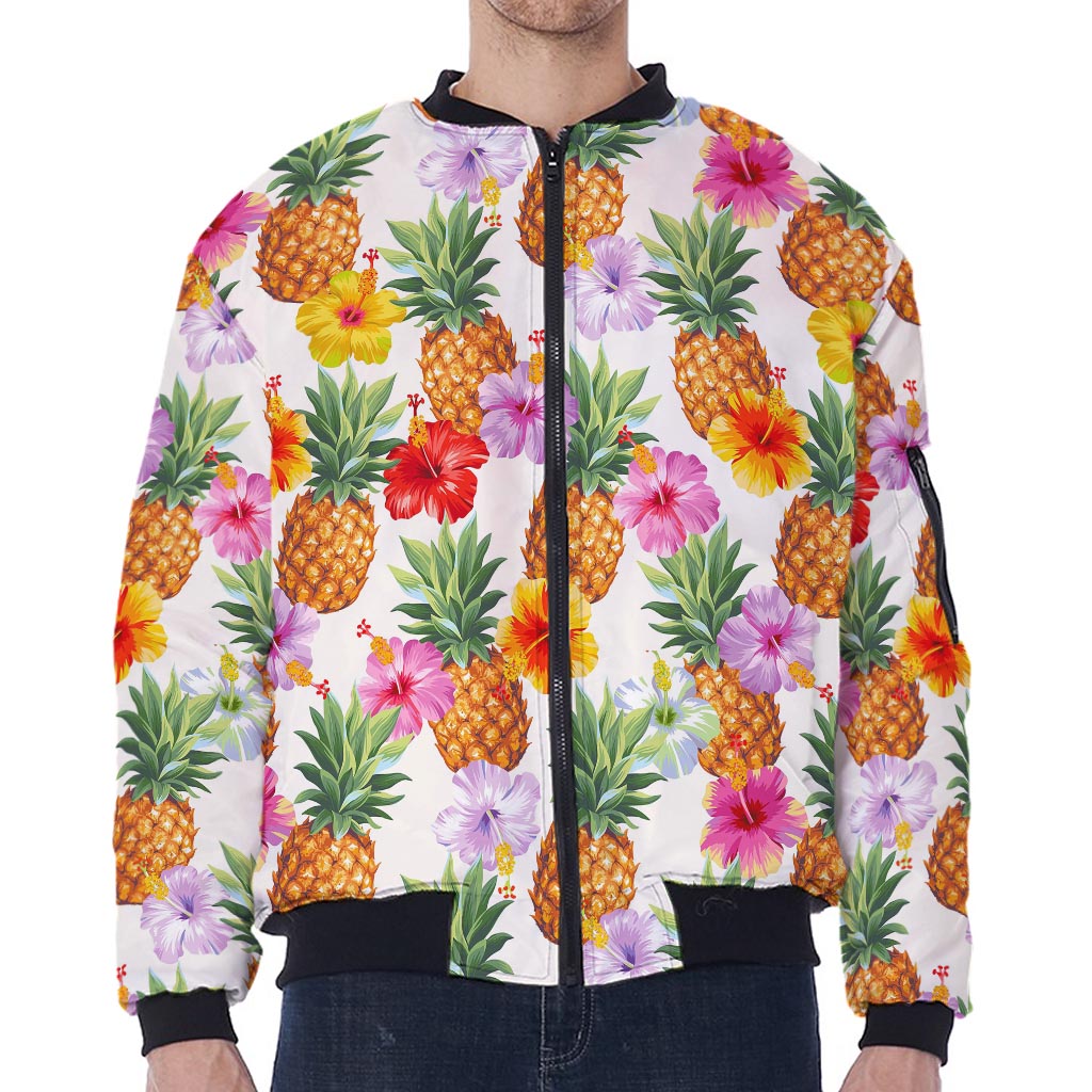 Hawaii Hibiscus Pineapple Pattern Print Zip Sleeve Bomber Jacket