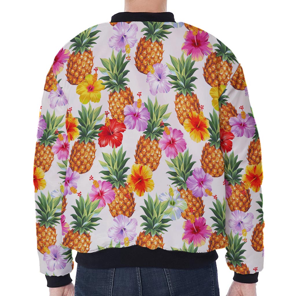Hawaii Hibiscus Pineapple Pattern Print Zip Sleeve Bomber Jacket