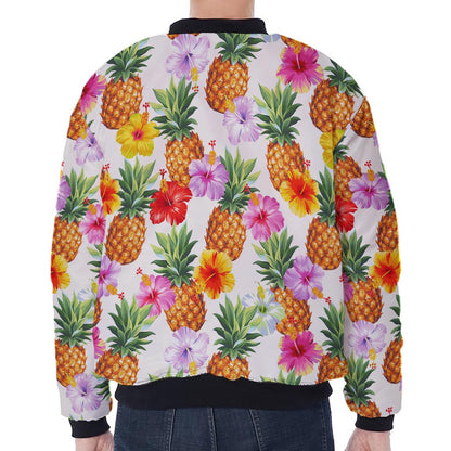 Hawaii Hibiscus Pineapple Pattern Print Zip Sleeve Bomber Jacket
