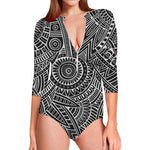 Hawaii Polynesian Tribal Print Long Sleeve Swimsuit
