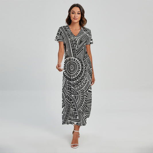 Hawaii Polynesian Tribal Print Short Sleeve Maxi Dress