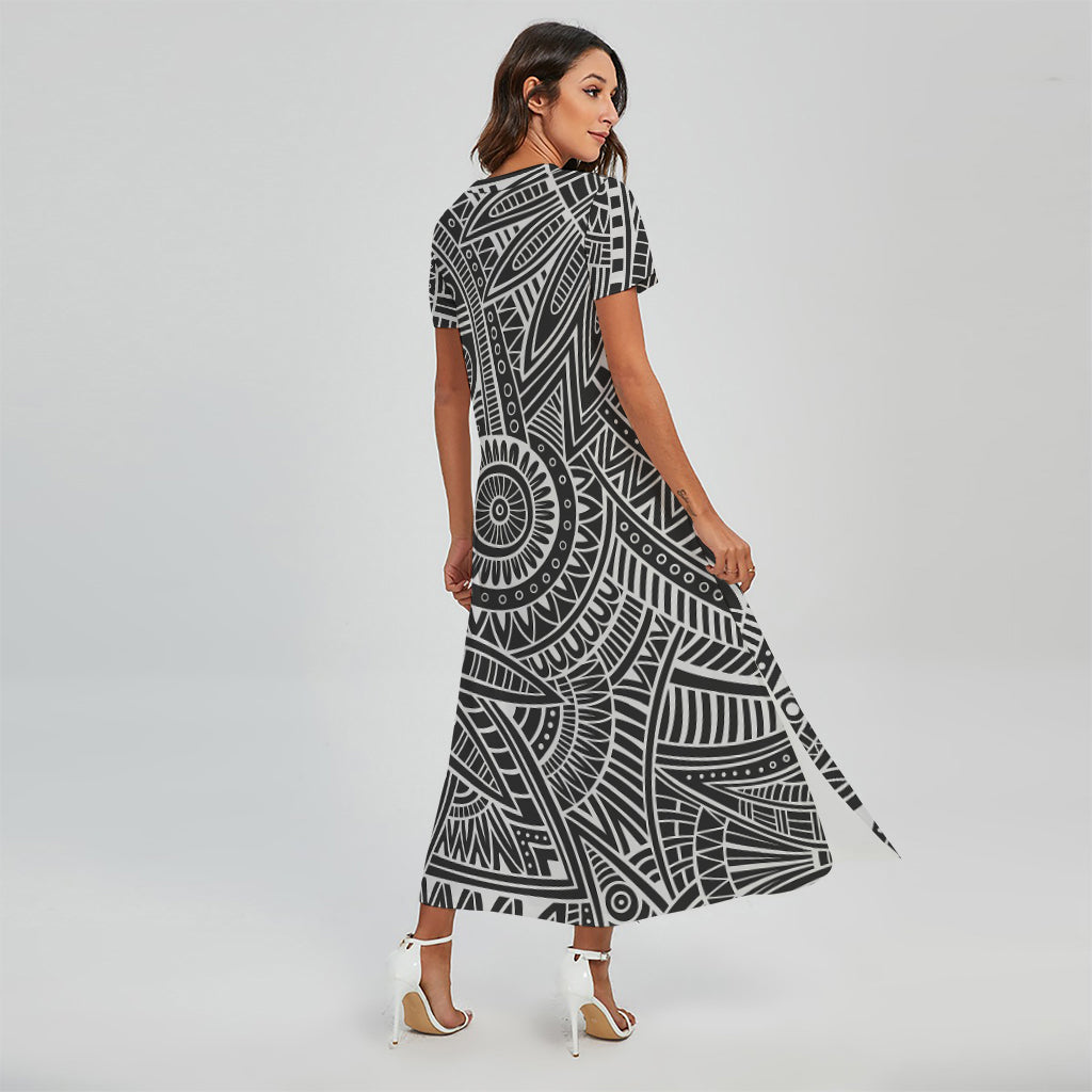 Hawaii Polynesian Tribal Print Short Sleeve Maxi Dress