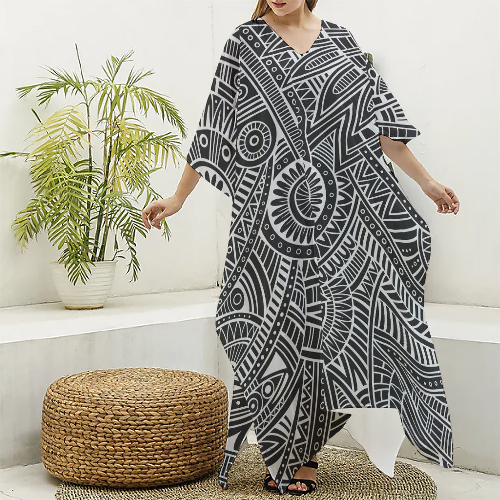 Hawaii Polynesian Tribal Print Silk V-Neck Kaftan Dress