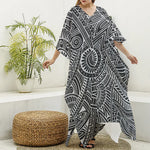 Hawaii Polynesian Tribal Print Silk V-Neck Kaftan Dress