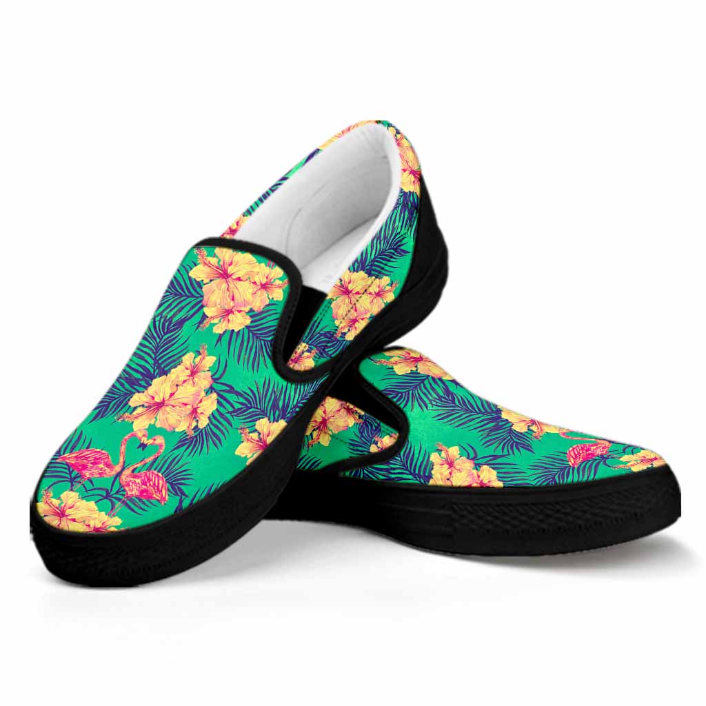 Hawaii Tropical Paradise Pattern Print Black Slip On Sneakers