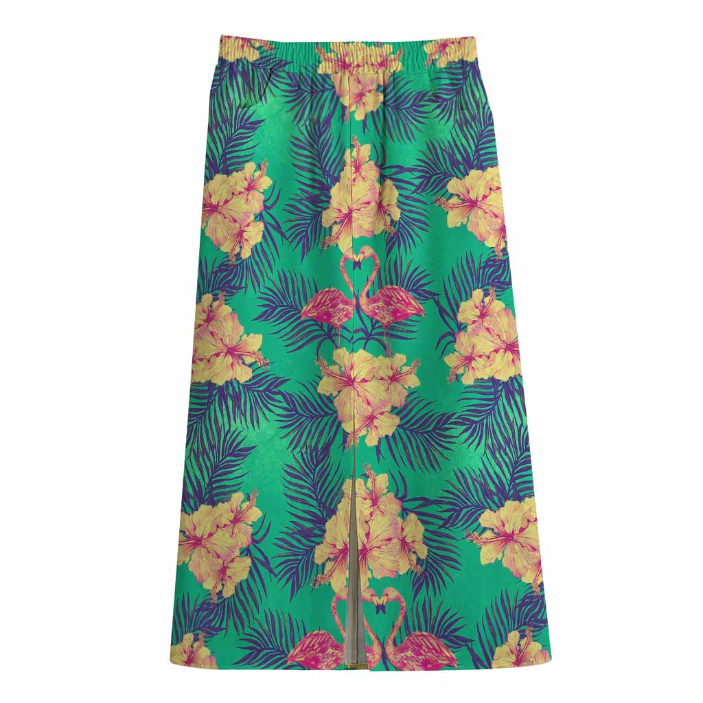 Hawaii Tropical Paradise Pattern Print Cotton Front Slit Maxi Skirt