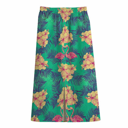 Hawaii Tropical Paradise Pattern Print Cotton Front Slit Maxi Skirt
