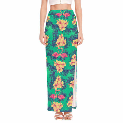 Hawaii Tropical Paradise Pattern Print High Slit Maxi Skirt