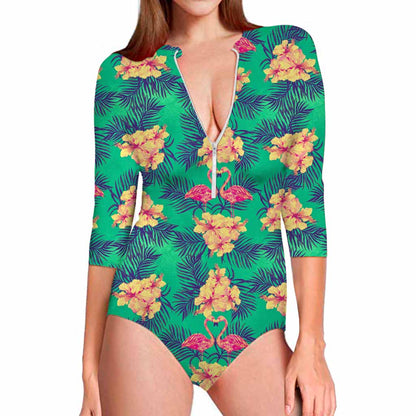 Hawaii Tropical Paradise Pattern Print Long Sleeve Swimsuit