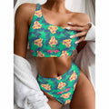 Hawaii Tropical Paradise Pattern Print One Shoulder Bikini Set