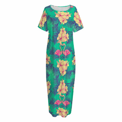 Hawaii Tropical Paradise Pattern Print Short Sleeve Long Nightdress