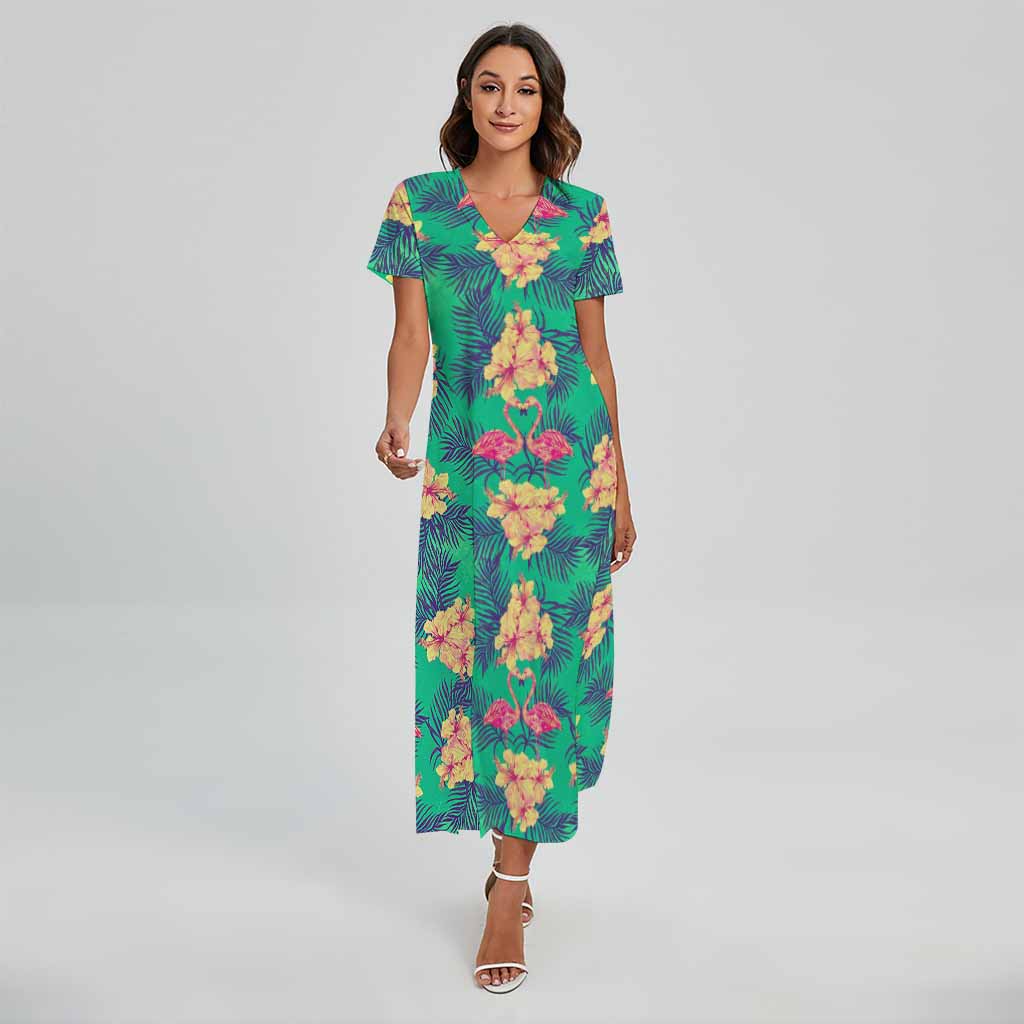 Hawaii Tropical Paradise Pattern Print Short Sleeve Maxi Dress