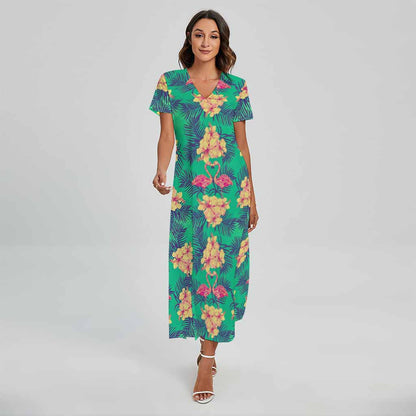 Hawaii Tropical Paradise Pattern Print Short Sleeve Maxi Dress