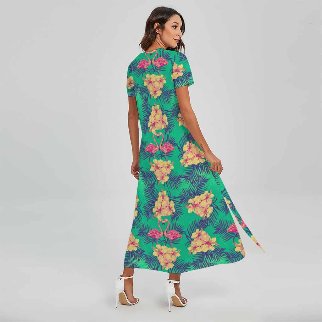 Hawaii Tropical Paradise Pattern Print Short Sleeve Maxi Dress
