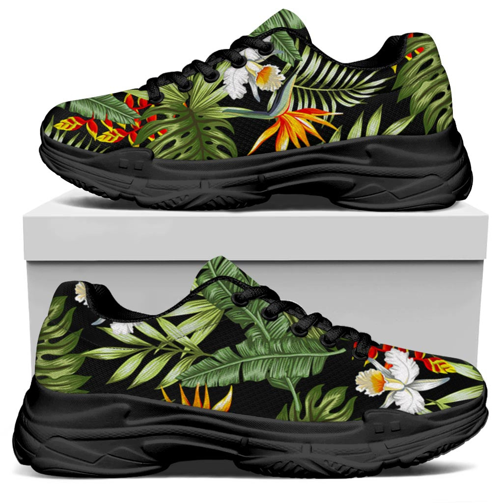 Hawaii Tropical Plants Pattern Print Black Chunky Shoes