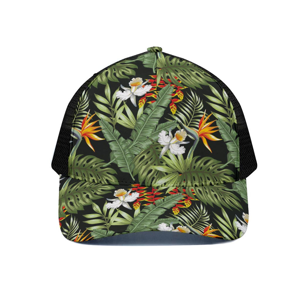 Hawaii Tropical Plants Pattern Print Black Mesh Trucker Cap