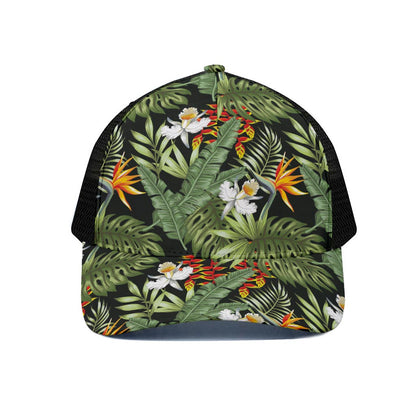 Hawaii Tropical Plants Pattern Print Black Mesh Trucker Cap