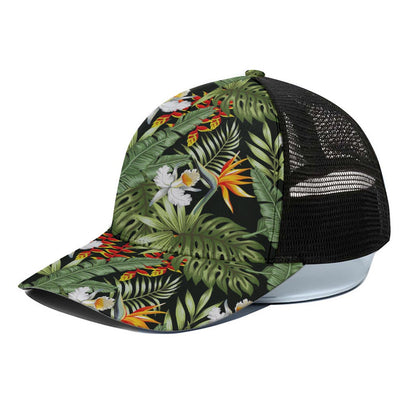 Hawaii Tropical Plants Pattern Print Black Mesh Trucker Cap