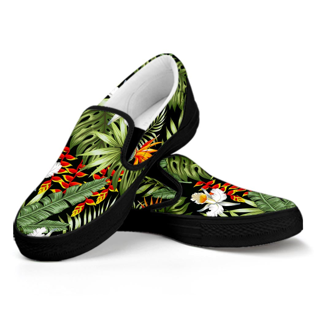 Hawaii Tropical Plants Pattern Print Black Slip On Sneakers