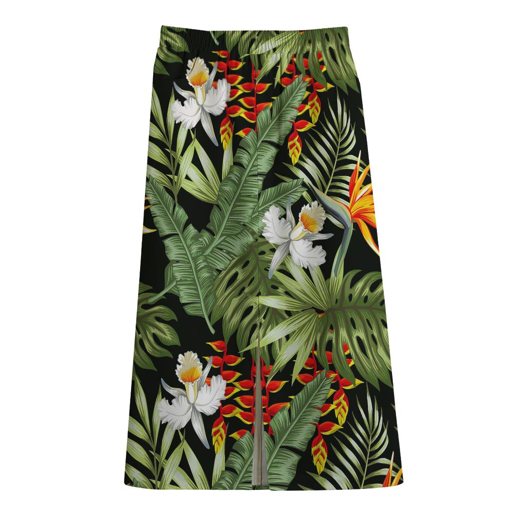 Hawaii Tropical Plants Pattern Print Cotton Front Slit Maxi Skirt